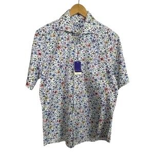 NWT Alan Flusser Mens Sz M White Blue Floral Short Sleeve‎ Button Up Shirt